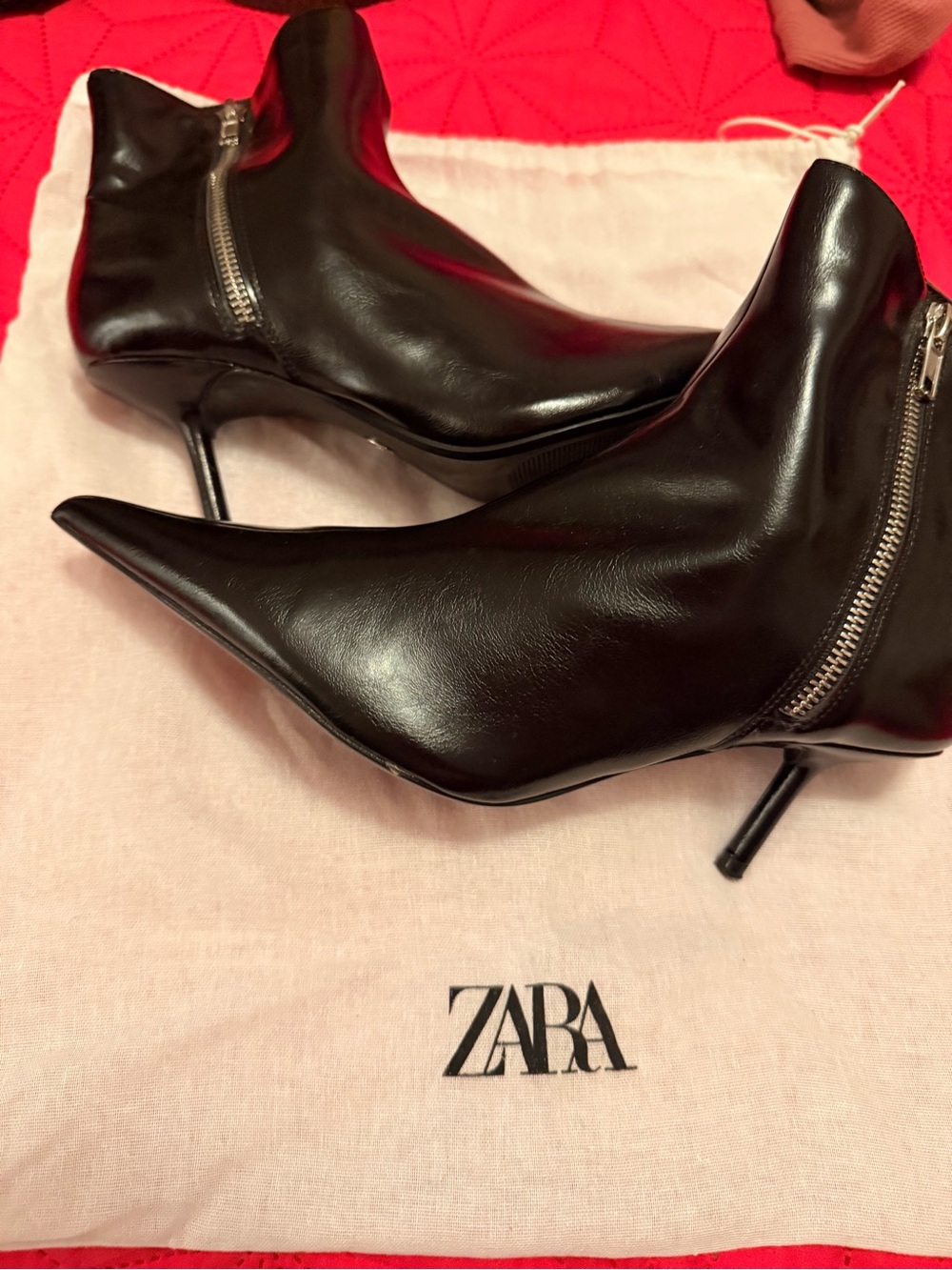 ZARA Black Pointed Stiletto Ankle Boots with Side Zipper